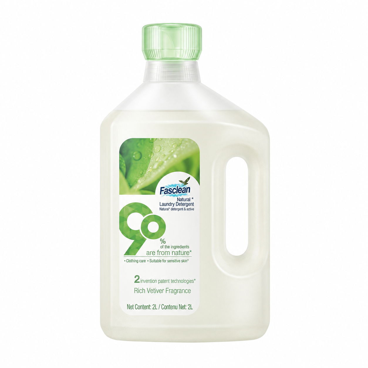 Fasclean 90% Natural Ingredient Laundry Detergent, 2L Liquid Laundry Soap for Machine Wash & Hand Wash, Gentle Formula for Clothes