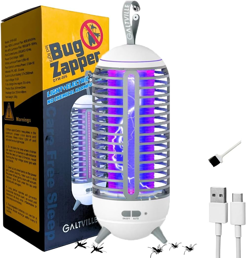 Rechargeable LED Mosquito & Flying Insect Trap Lamp, 3 Light Modes, USB-C Bug Zapper with Auto Light Sensor and Cleaning Brush for Indoor & Outdoor Use