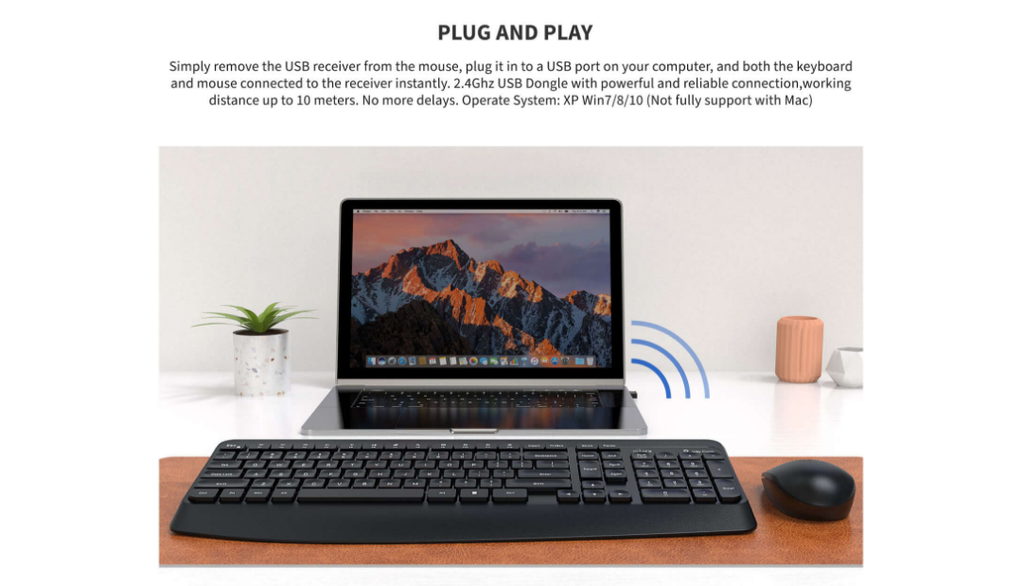 Jelly Comb KS65 Ergonomic Wireless Keyboard and Mouse Combo – 2.4GHz Full-Size Keyboard with Palm Rest & USB Mouse for PC Laptop Desktop