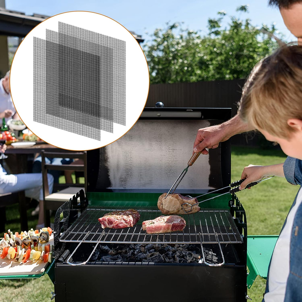 3 Pack Reusable BBQ Grill Mesh Mats, Non-Stick Cooking Sheets for Barbecue, Gas, Charcoal & Electric Grills, 33×40cm