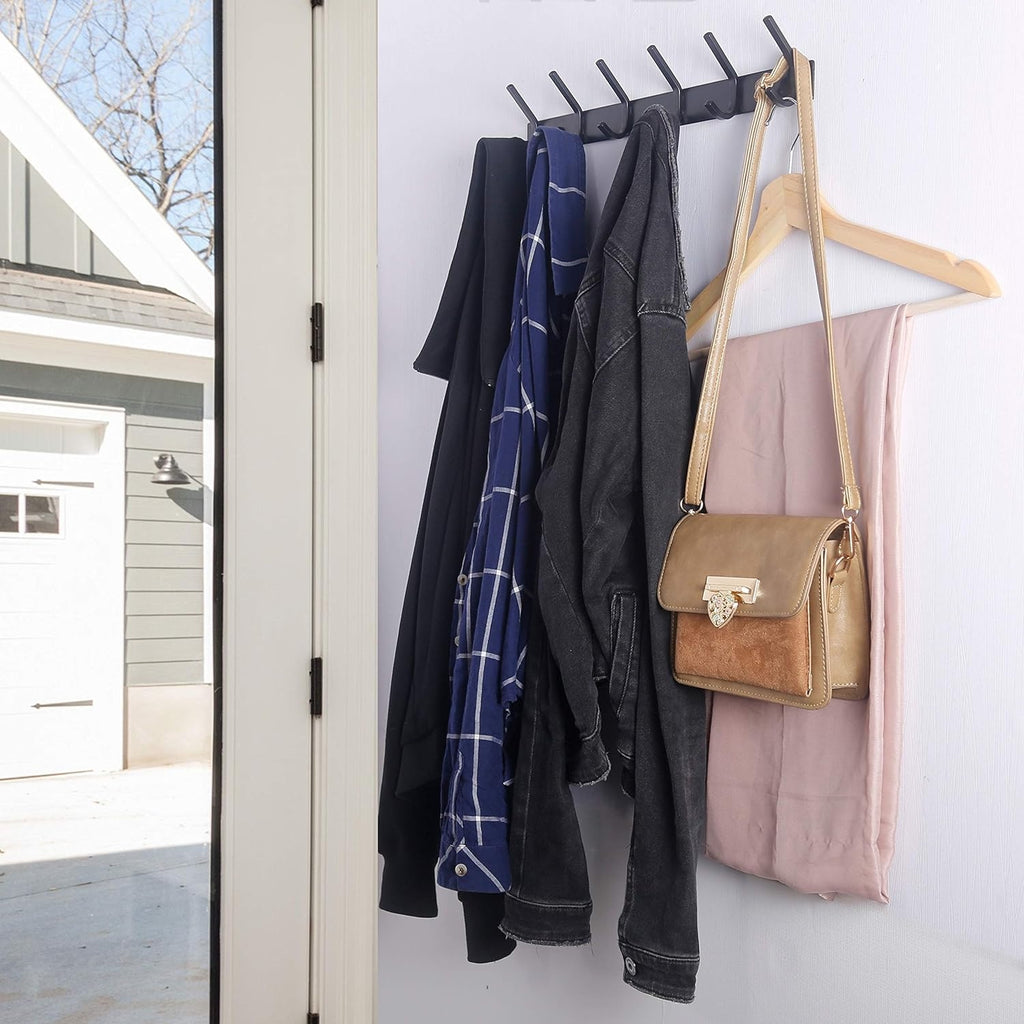 Matte Black Metal Wall Hook Rack with 6 Hooks for Entryway, Bathroom & Kitchen