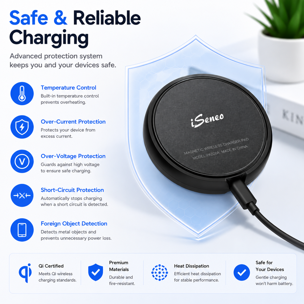 iSeneo WaveCharger 228 Magnetic Wireless Charger Pad with USB-C Cable, 15W Max Fast Charging, Black