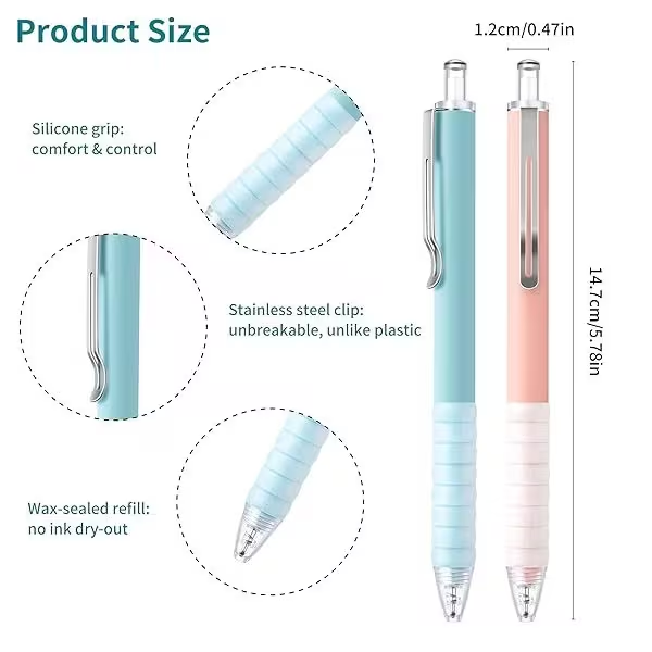 12 Pack Aesthetic Ballpoint Pens – 1.0mm Smooth Writing Black Ink, Soft Grip Retractable Pens for School, Office & Journaling