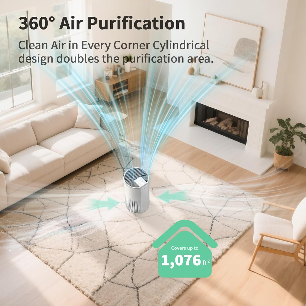 Afloia 4-in-1 Air Purifier with Washable Pre-Filter for Rooms up to 1,076 sq. ft. – White