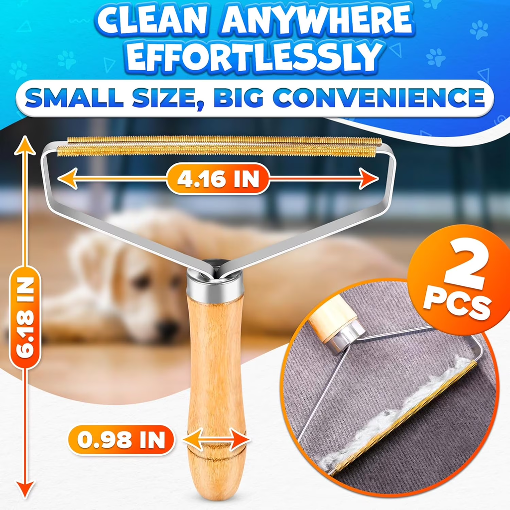 2-Pack Reusable Metal Lint Remover with Wooden Handle | Fabric Fuzz & Hair Cleaner for Clothes, Carpets and Furniture