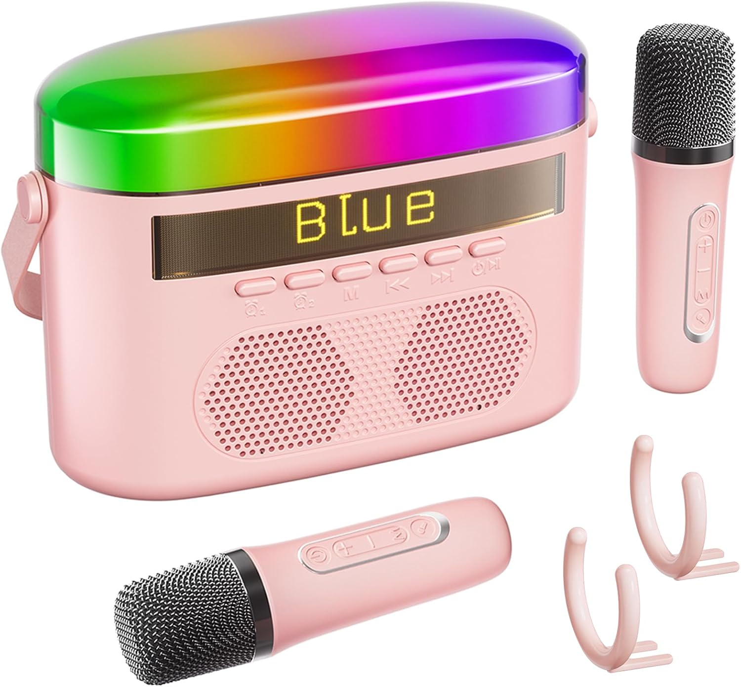 Portable Mini Bluetooth Karaoke Machine with 2 Wireless Microphones, LED Lights and Voice Effects – Pink