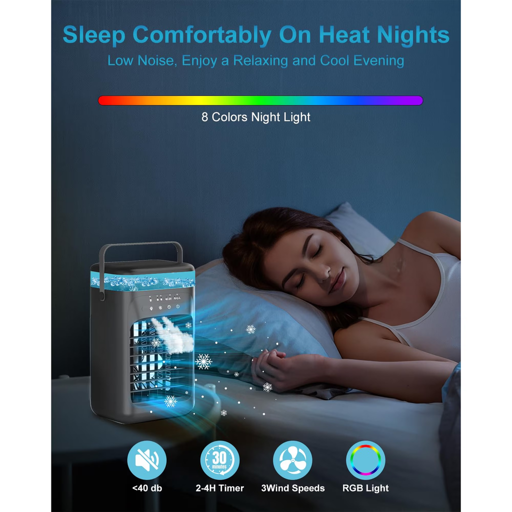 Portable 4-in-1 Evaporative Air Cooler with 3 Fan Speeds, Dual Mist Modes, LED Light and Timer – Black
