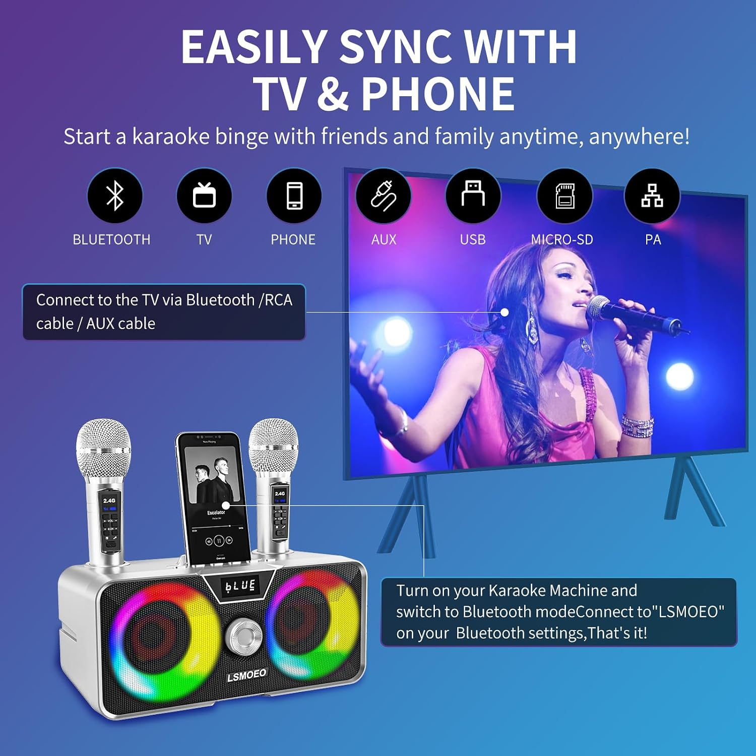 Portable Bluetooth Karaoke Machine with 2 UHF Wireless Microphones, LED Party Lights and Phone Holder – Grey