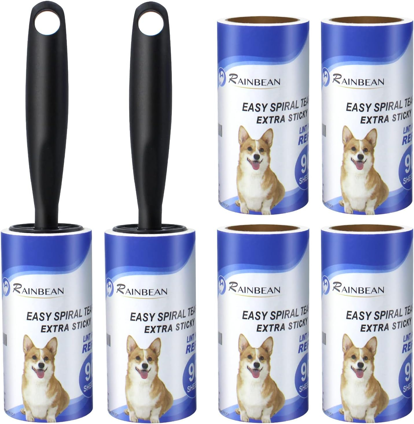 RAINBEAN Extra Sticky Lint Roller Set 540 Sheets with 6 Refills & 2 Handles, Pet Hair Remover for Clothes Furniture Carpet