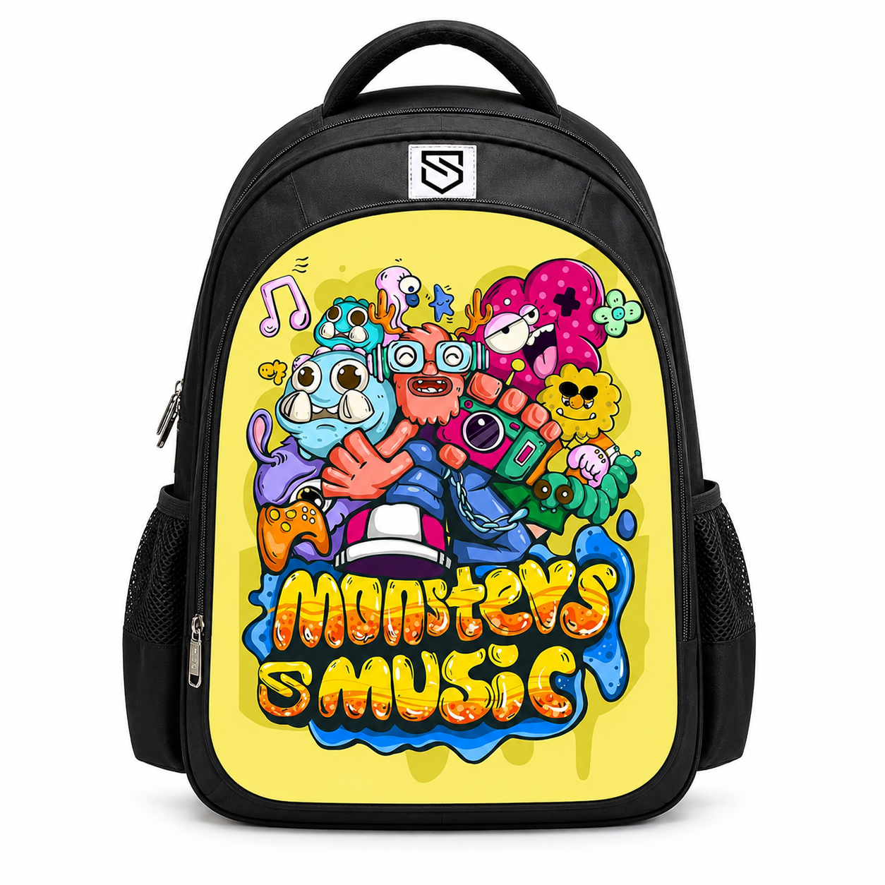 Kids Cartoon Print School Backpack with Front Zip Pocket and Dual Side Mesh Pockets, 15.75 x 12.99 x 7.87 in, Style G