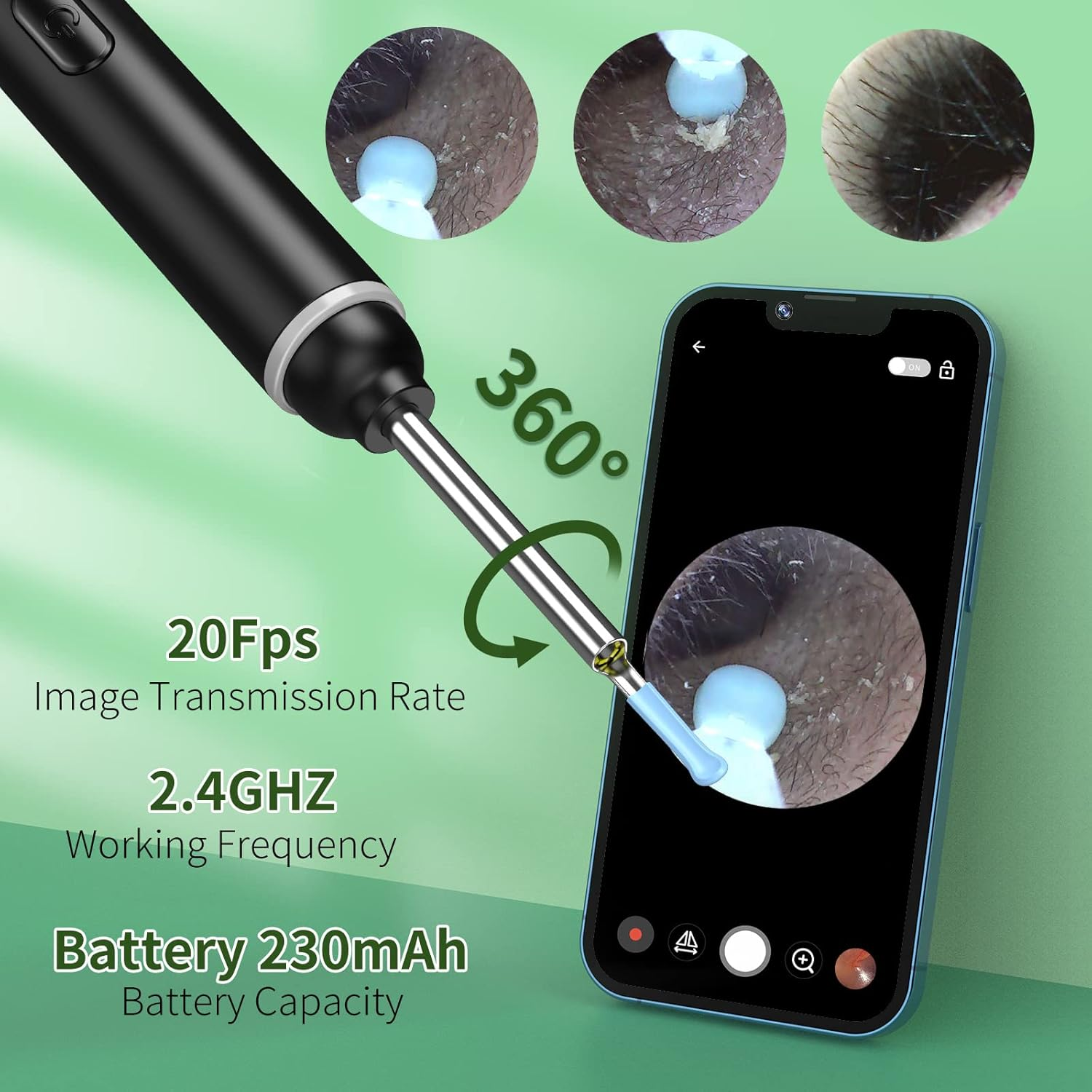 Wireless Ear Inspection Camera with 1920P HD Lens, 6 LED Lights and Cleaning Accessories – Black