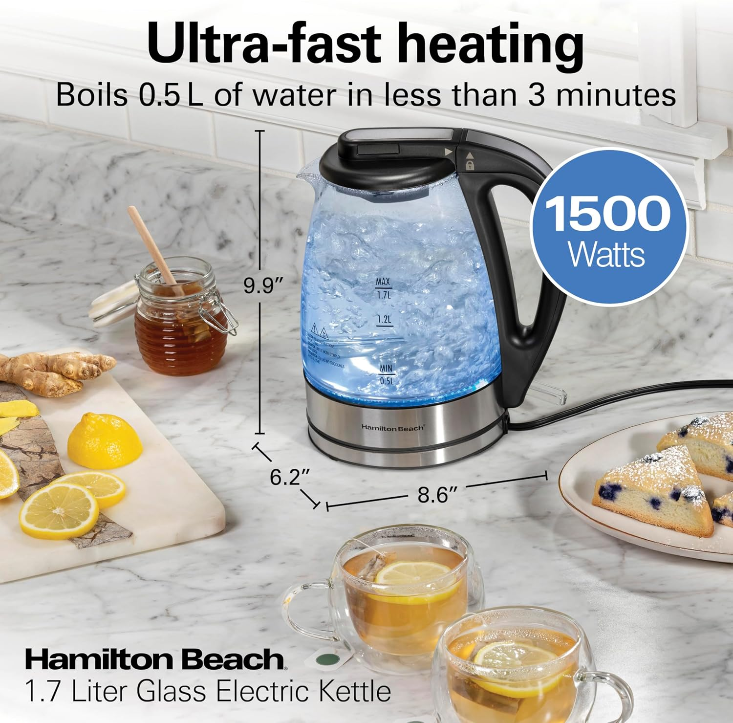 Open Box Hamilton Beach 1.7L Electric Glass Kettle, 1500W Fast Boiling Water Boiler with LED Indicator, Mesh Filter, Auto Shut-Off and Boil-Dry Protection, Black