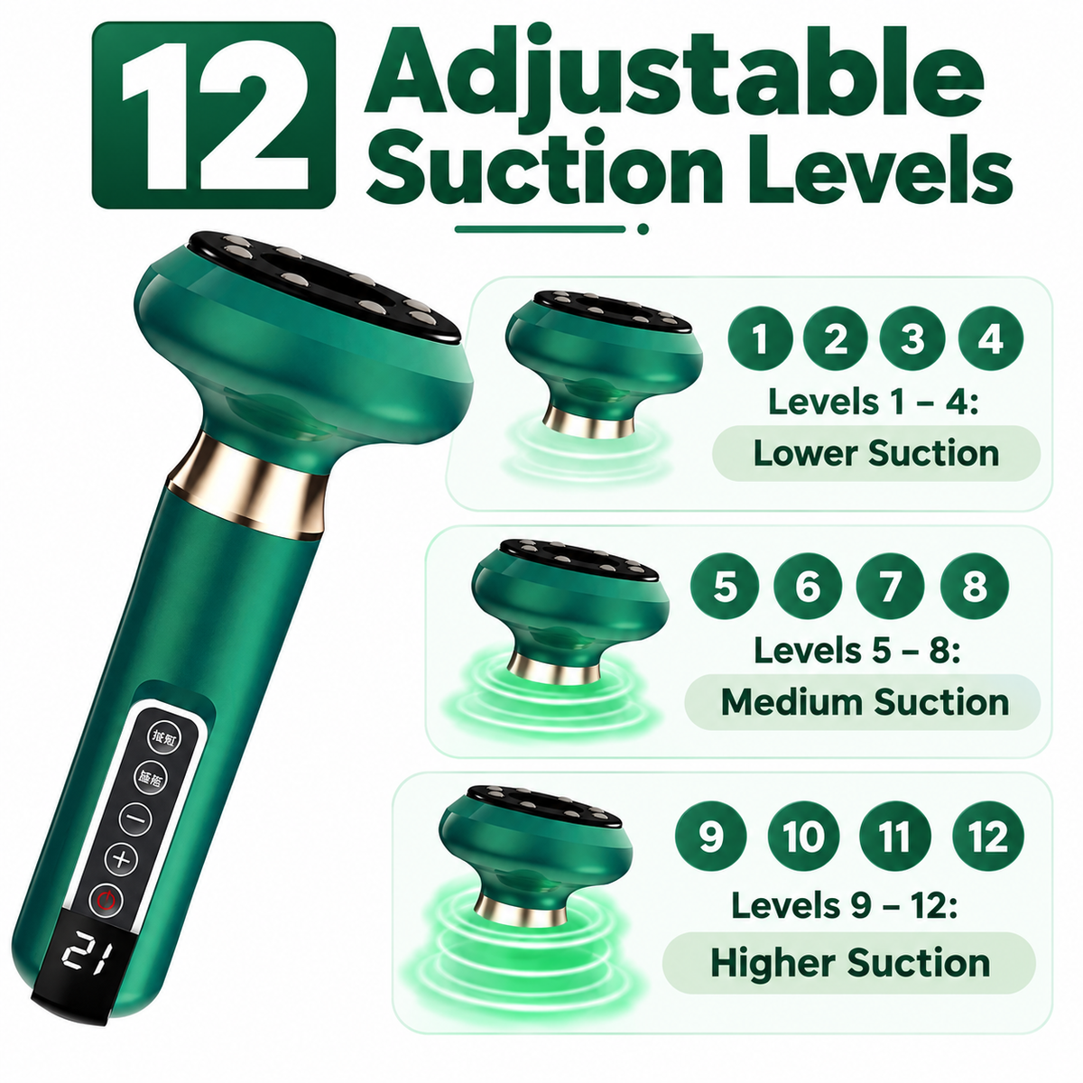 Rechargeable Electric Cupping Massager with Heat, 12 Suction Levels & 20 mL Massage Oil – Green