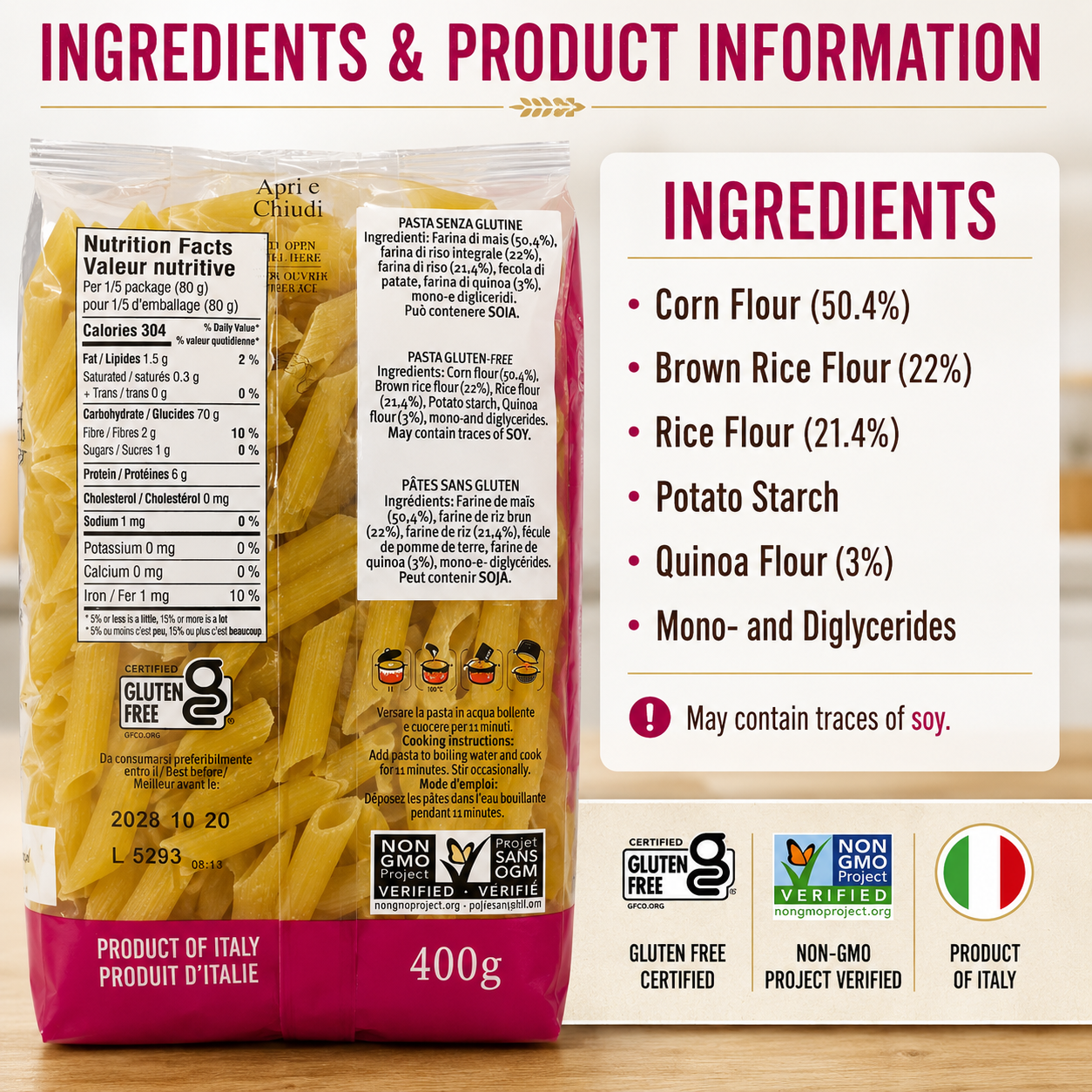 Gluten Free Penne Rigate #70 Pasta, Italian Style Tube Pasta, 2-Pack, 500g Each