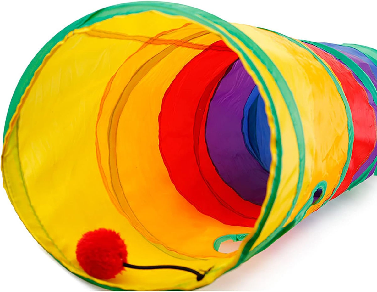 Rainbow Collapsible Cat Tunnel with Hanging Ball – 120 cm Play Tunnel