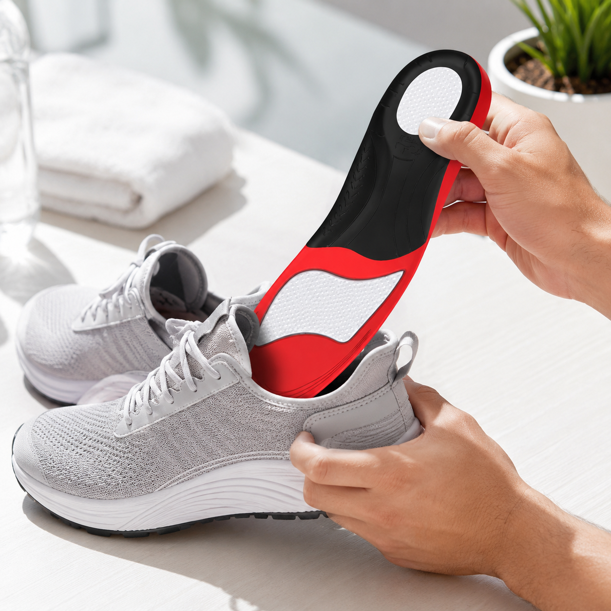 Full-Length Supportive Gel Insoles with Cushioned Heel and Breathable Fabric for Everyday Shoes, Red & Black