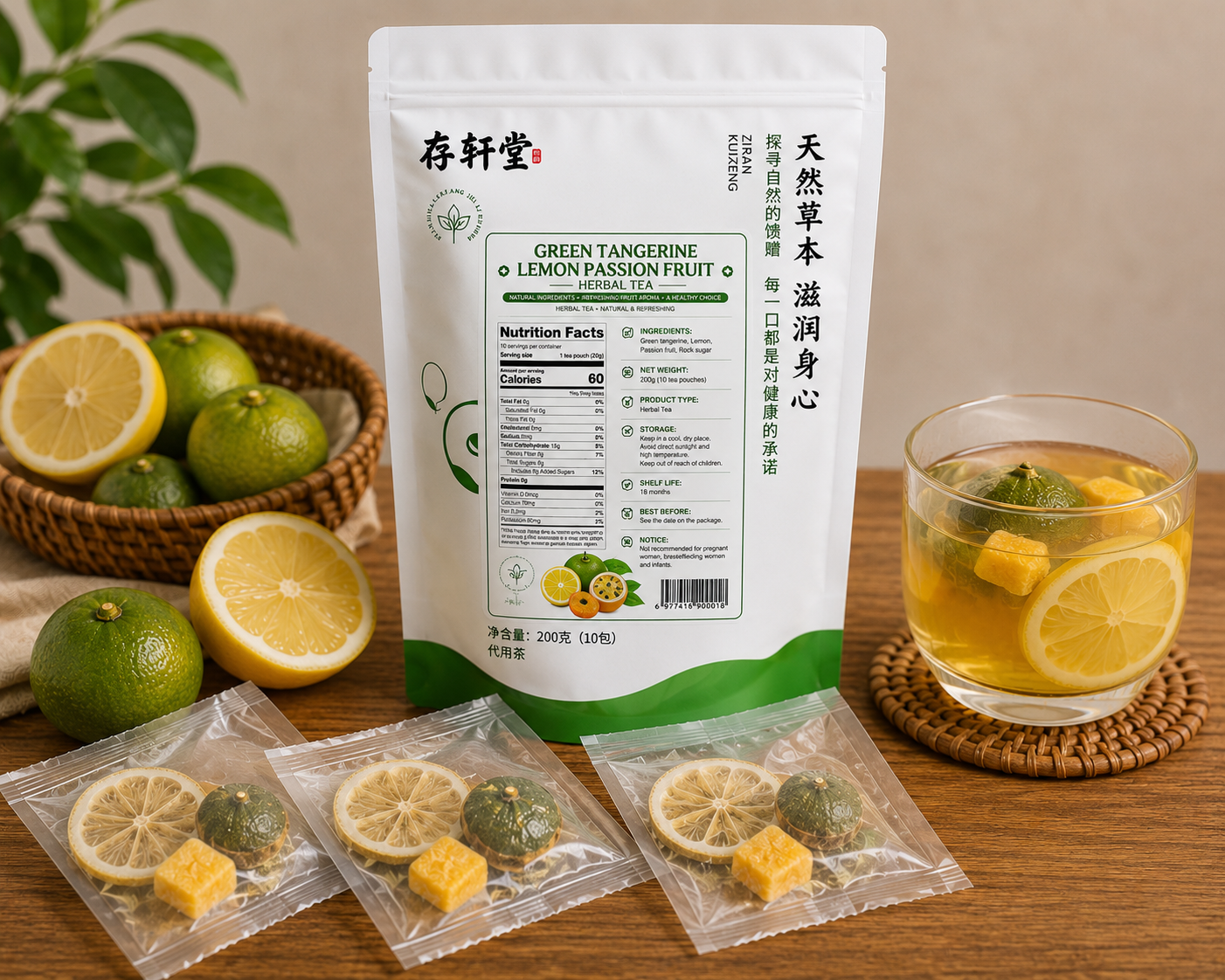 Green Tangerine Lemon Passion Fruit Herbal Tea, Freeze-Dried Fruit Tea, 10 Individually Wrapped Tea Pouches, 200g Resealable Bag
