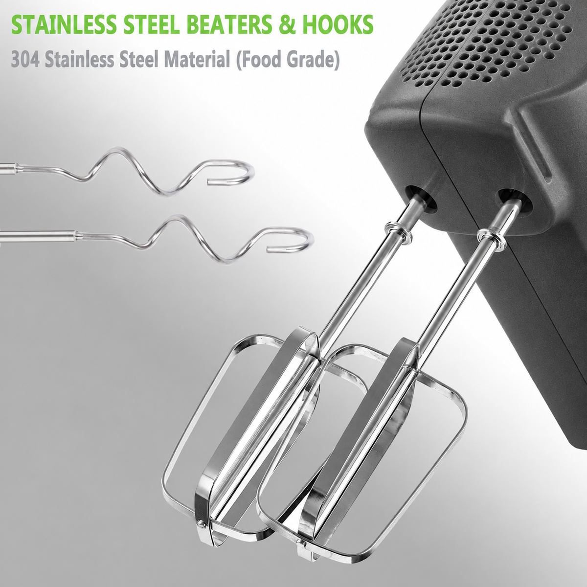 MOSAIC Electric Hand Mixer, 5 Speeds with Turbo, Beaters & Dough Hooks – Grey