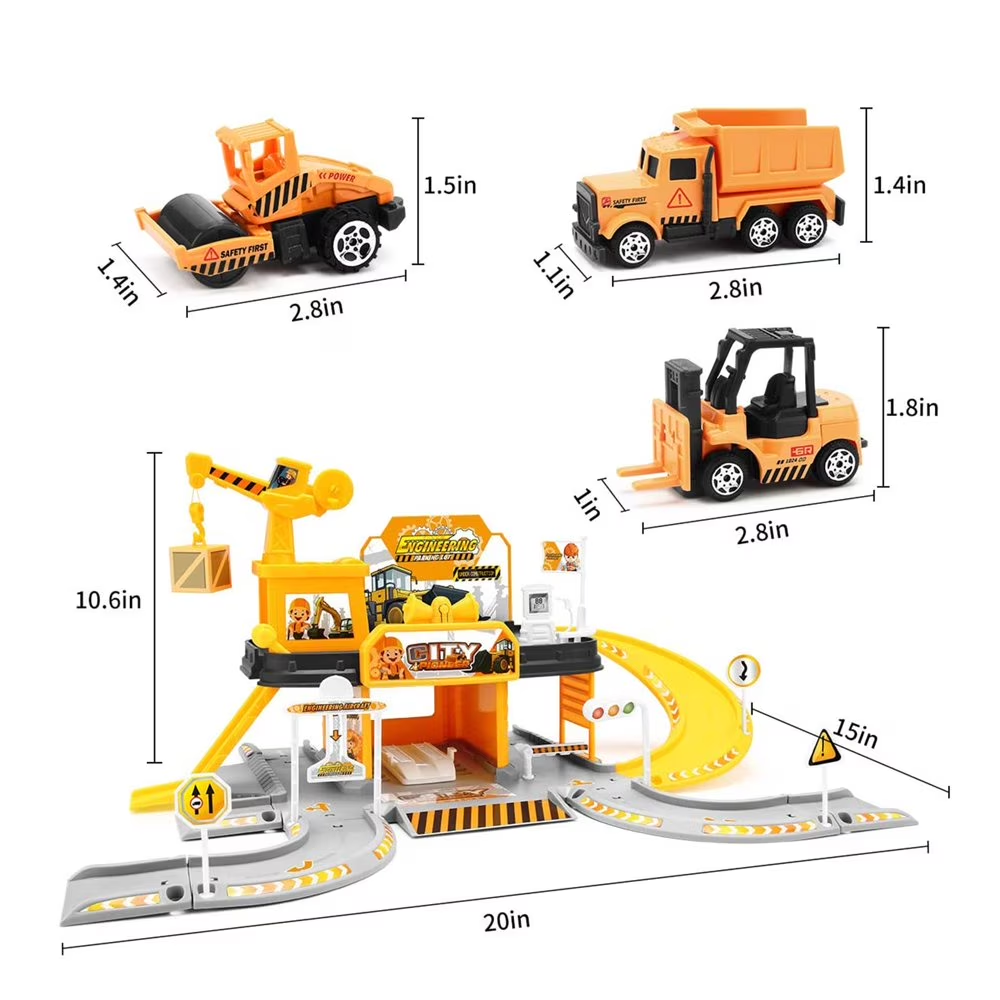 Construction Vehicle Parking Garage Playset with 3 Metal Cars, Track Ramp Building Set, Light & Sound Toy, Ages 3+