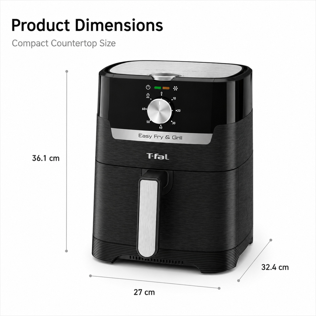 T-Fal Easy Fry & Grill Precision 2-in-1 Air Fryer, 4.4QT Capacity, Adjustable Temperature Control, 60-Minute Timer, Grill Plate Included, Black
