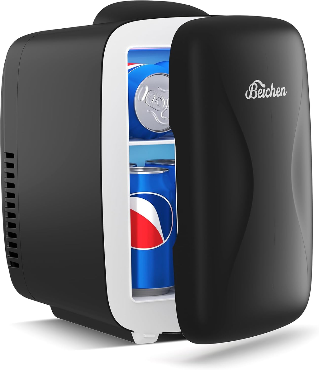 BEICHEN 4L Portable Mini Fridge, 6-Can Cooler & Warmer for Skincare, Bedroom, Office & Car – Black
