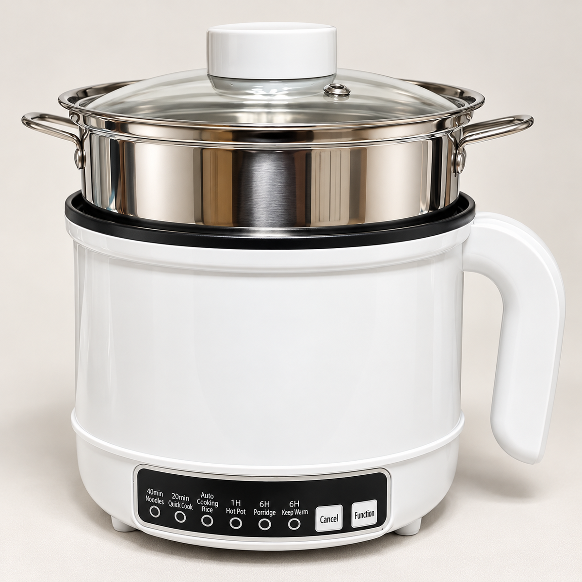 1.7L Multifunction Electric Cooking Pot with Stainless Steel Steamer, Non-Stick Interior & Glass Lid, 600W