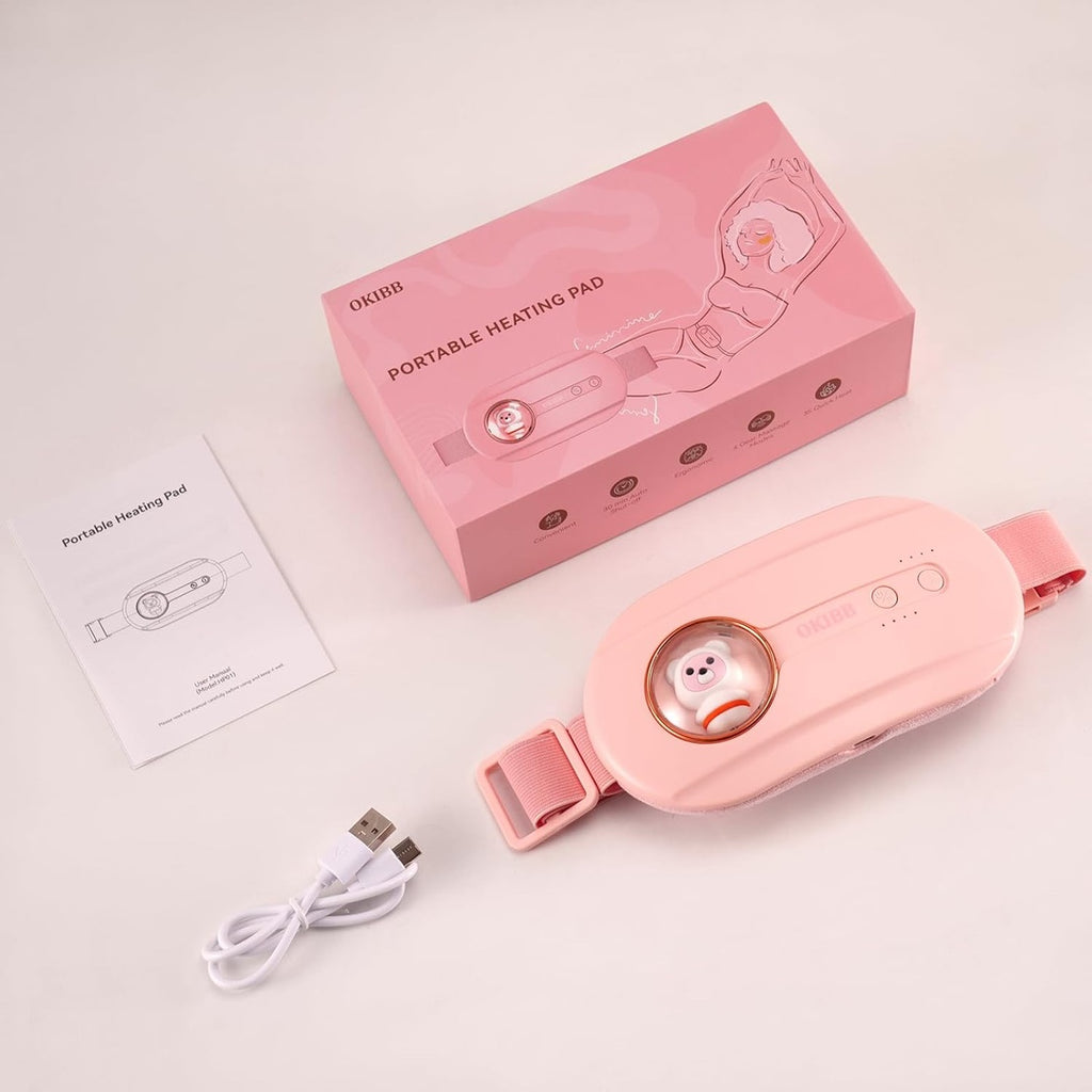 OKIBB Menstrual Heating Belt – Portable Heating & Vibration Massager for Period Cramps, 4 Heat Levels, 4 Massage Modes, Rechargeable 2500mAh USB-C Waist Heating Pad
