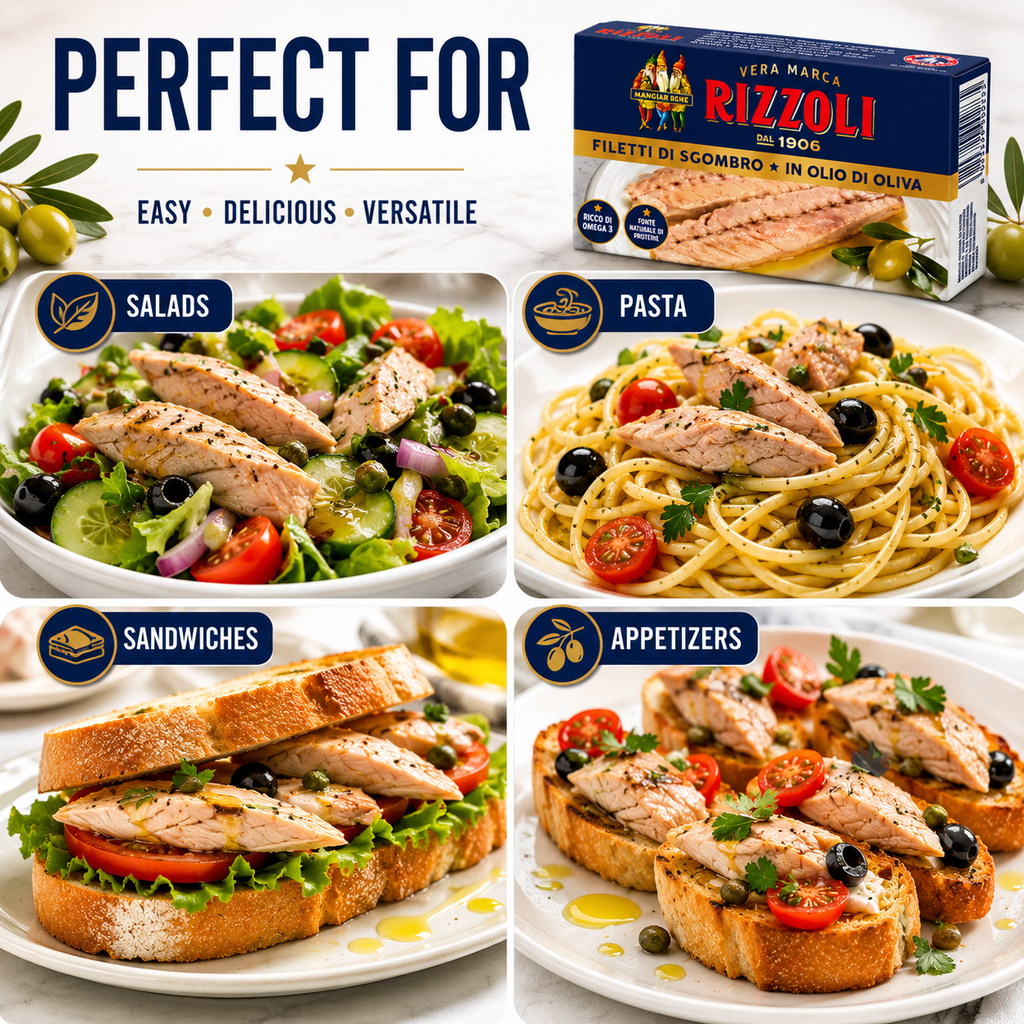 Rizzoli Mackerel Fillets in Olive Oil, 2-Pack Imported Italian Mackerel Fillets, Ready to Eat Canned Seafood