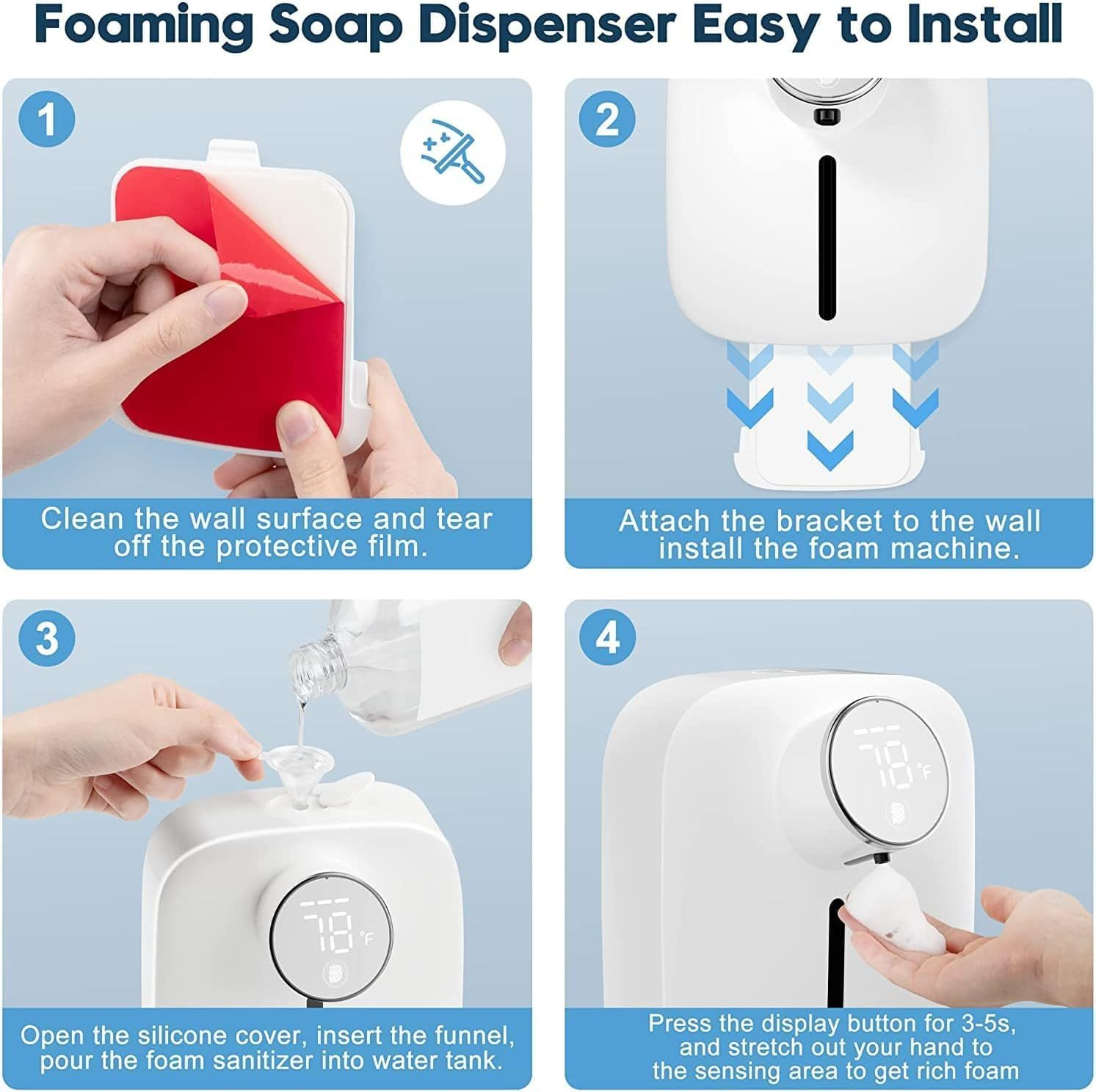 Automatic Foaming Soap Dispenser Wall Mounted – Touchless Sensor Soap Dispenser with Temperature Display, 3-Level Foam Control, USB Rechargeable (320ml)