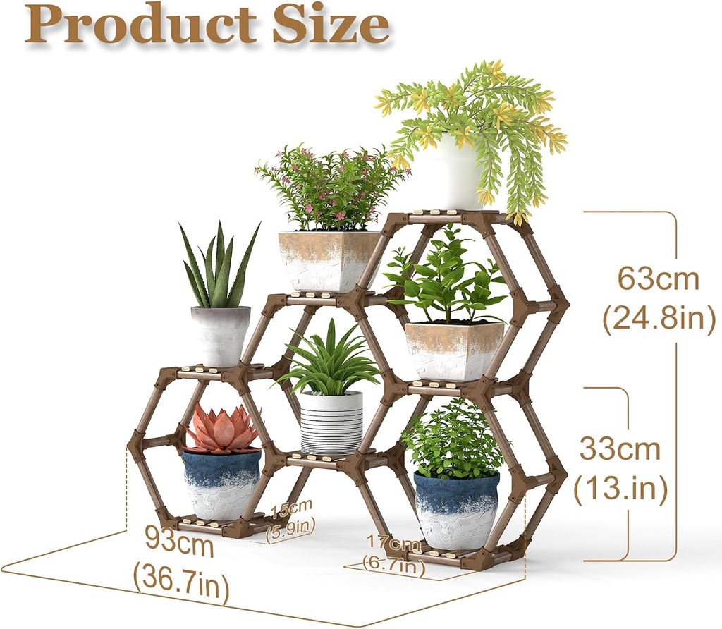 Small 7-Tier Hexagonal Wooden Plant Stand, 36.6 x 5.9 x 24.7 in, Multi-Level Indoor Outdoor Plant Shelf for Living Room, Balcony & Patio
