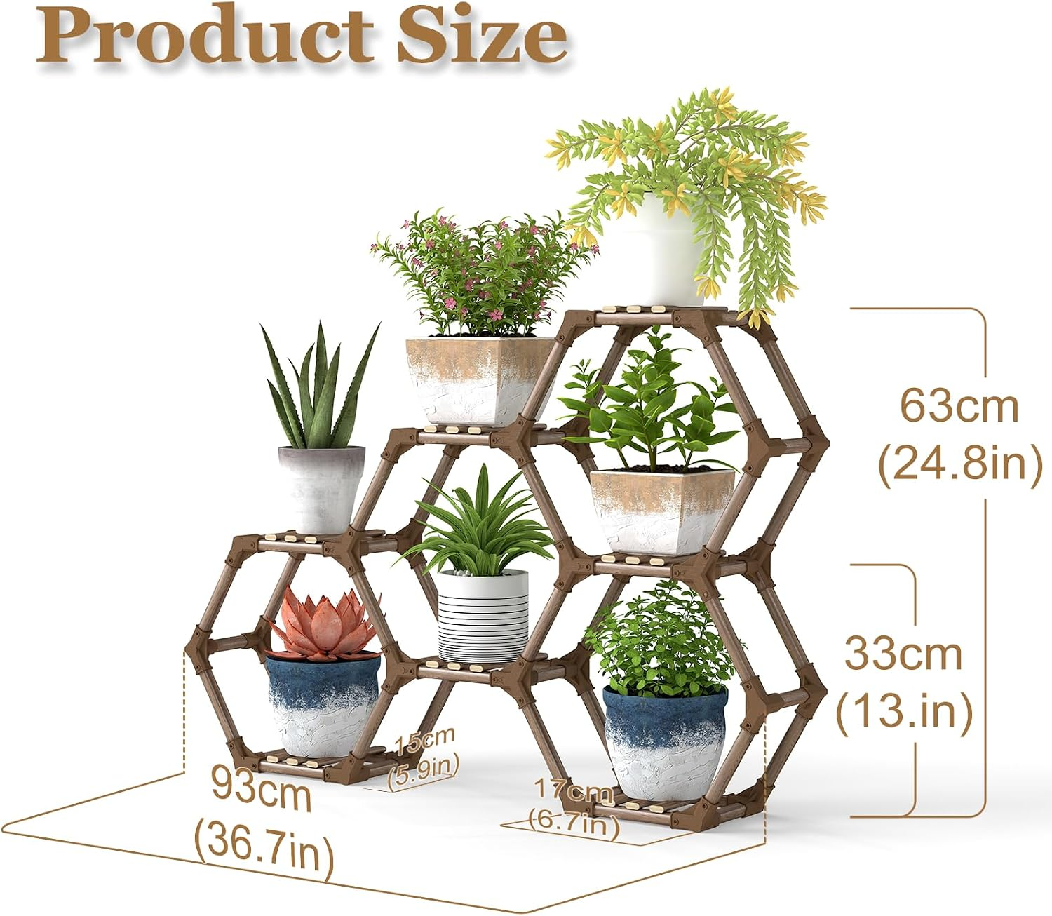 Small 7-Tier Hexagonal Wooden Plant Stand, 36.6 x 5.9 x 24.7 in, Multi-Level Indoor Outdoor Plant Shelf for Living Room, Balcony & Patio