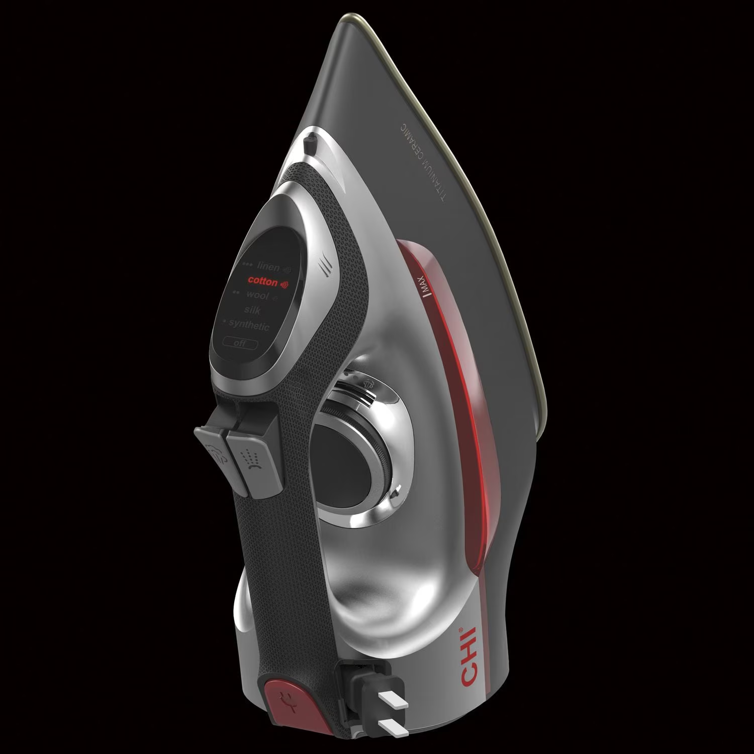 Open Box CHI Electronic Clothing Iron with Retractable Cord, Titanium-Infused Ceramic Soleplate & Adjustable Steam Control - Black/Red