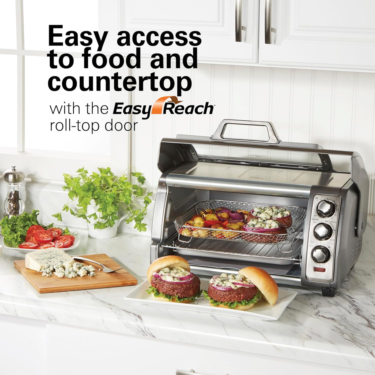 Open Box Hamilton Beach Sure-Crisp Air Fryer Toaster Oven with Easy Reach Door, 6-Slice Capacity, Bake, Broil & Toast Functions - Stainless Steel