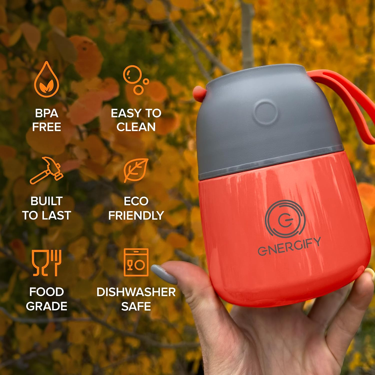 Energify 12 oz Vacuum Insulated Stainless Steel Food Jar with Folding Spoon – Coral Red or Mint Green