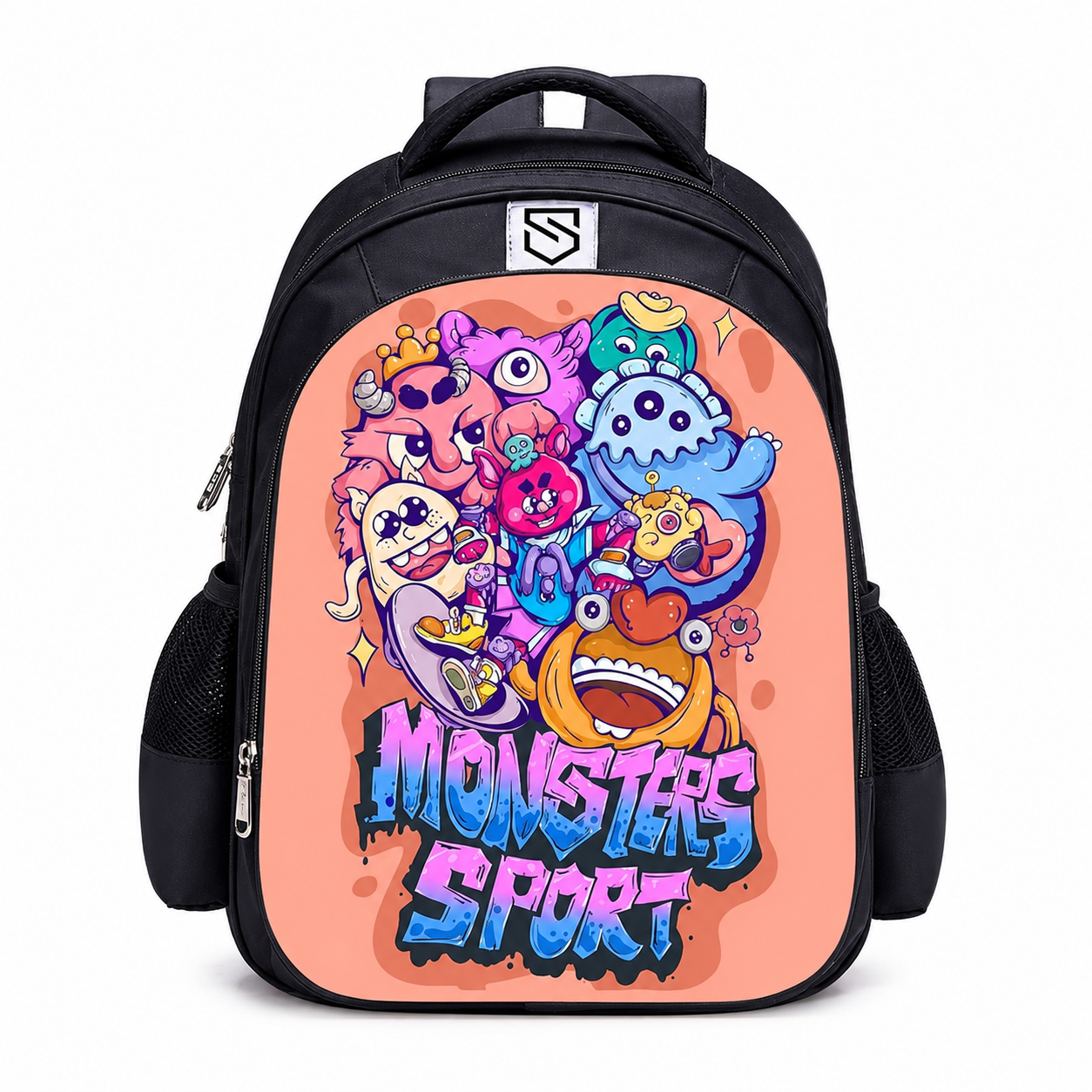 Kids Cartoon Monster Print School Backpack with Front Zip Pocket and Dual Side Mesh Pockets, 15.75 x 12.99 x 7.87 in, Style H