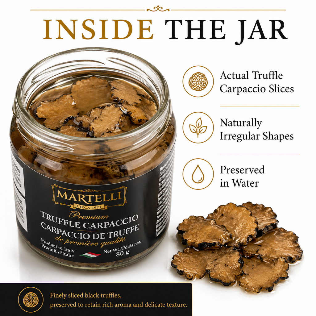 Martelli Premium Truffle Carpaccio 80g, Black Truffle Slices in Water, Ready to Use, Best Before Mar 30, 2030