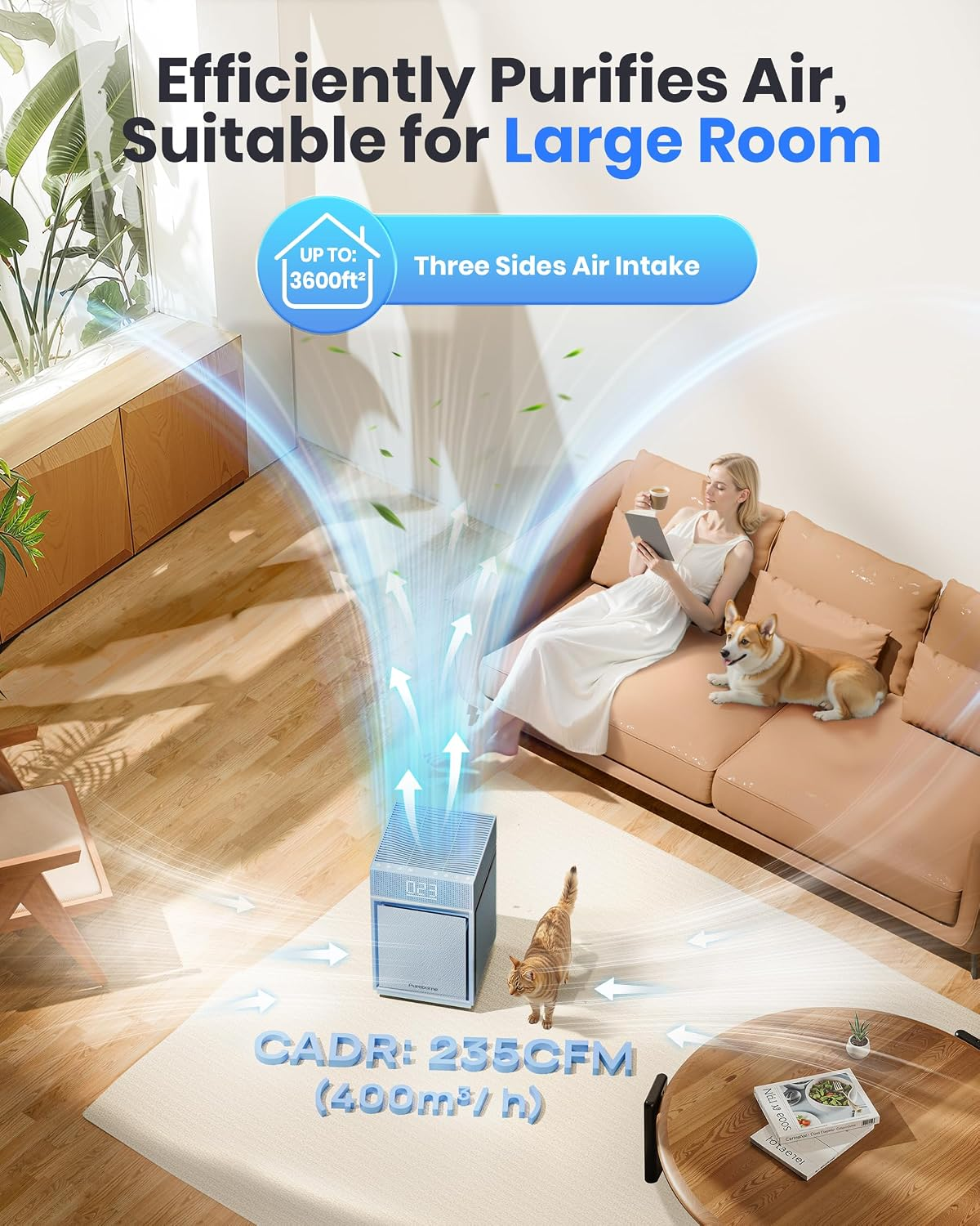 Pureborne PB6866 Large Room True HEPA Air Purifier with PM2.5 Display, Three-Sided Air Intake, Blue